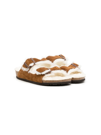 Shop Birkenstock Arizona Suede Shearling Sandals In Brown