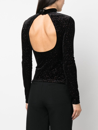 Shop Patrizia Pepe Glitter-detail Cut-out Velvet T-shirt In Black