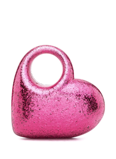 Shop Aquazzura Heart Glitter-embellished Clutch Bag In Pink
