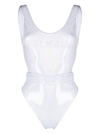 Shop Balmain Logo-print Glitter Swimsuit In White