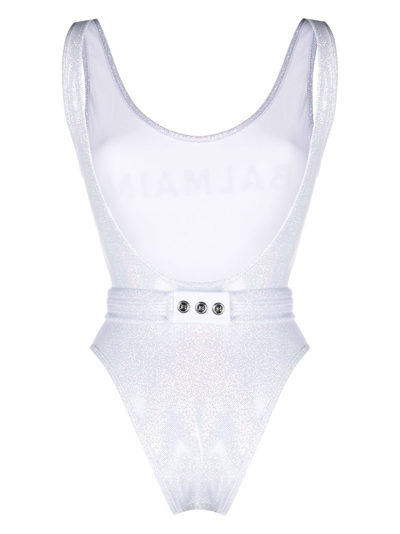 Shop Balmain Logo-print Glitter Swimsuit In White