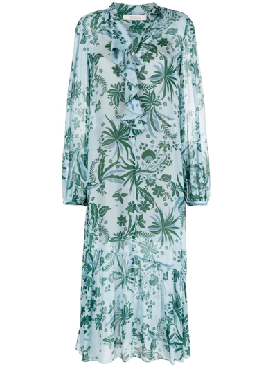 Shop Dorothee Schumacher Botanical-print Ruffled Midi Dress In Blue