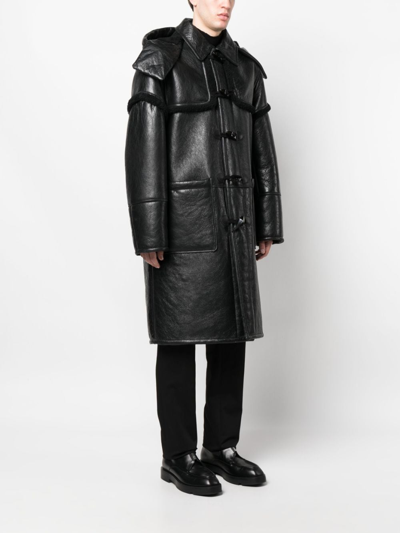 Shop Roberto Cavalli Smooth-grain Leather Duffle Coat In Black