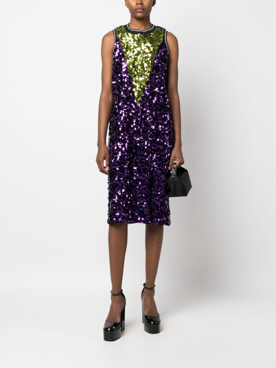 Plan C V-yoke Sequin Sleeveless Midi Dress In Purple