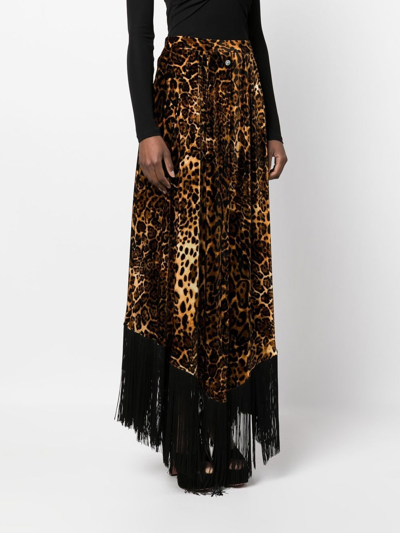Shop Roberto Cavalli Fringed Leopard-print Maxi Skirt In Orange