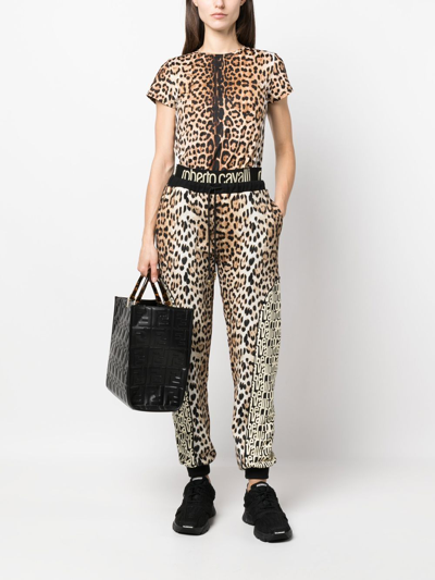 Shop Roberto Cavalli Leopard-print Round-neck T-shirt In Neutrals