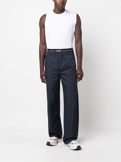 Shop Msgm Logo-waistband Straight-leg Trousers In Blue