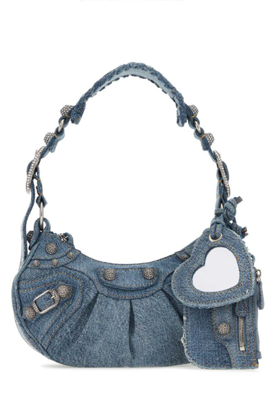 Shop Balenciaga Le Cagole Denim Xs Shoulder Bag In Blue