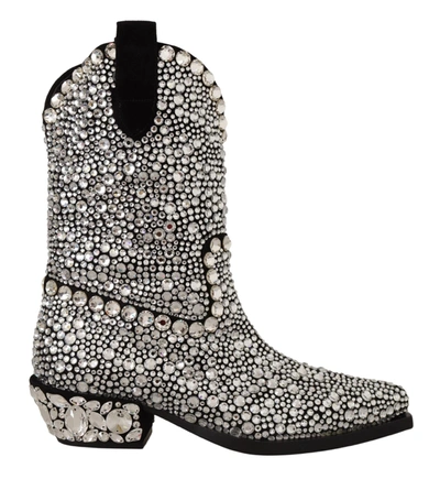 Shop Dolce & Gabbana Suede Strass Crystal Cowgirl Women's Boots In Black