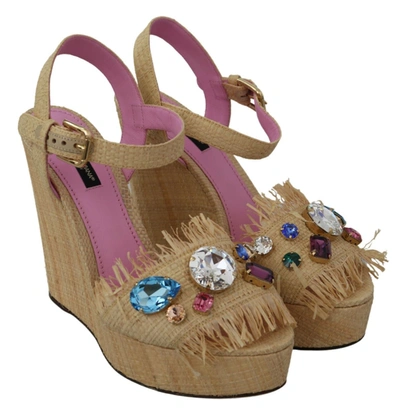 Shop Dolce & Gabbana Rhinestones Wedge Heel Sandals Women's Shoes In Beige