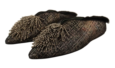 Paola D'arcano Gold Jacquard Leather Embellished Slip On Shoes In Gold