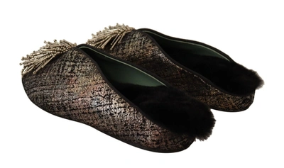 Paola D'arcano Gold Jacquard Leather Embellished Slip On Shoes In Gold