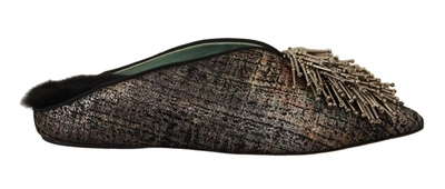 Paola D'arcano Gold Jacquard Leather Embellished Slip On Shoes In Gold