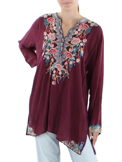 Shop Johnny Was Beatrix Womens Embroidered Tunic Top In Red