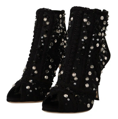 Shop Dolce & Gabbana Crystals Heels Zipper Short Boots Women's Shoes In Black