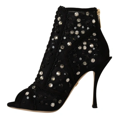 Shop Dolce & Gabbana Crystals Heels Zipper Short Boots Women's Shoes In Black