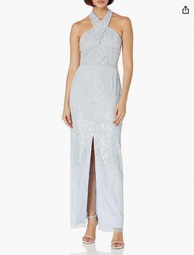 Adrianna Papell Halter Beaded Column Gown In Glacier In Grey