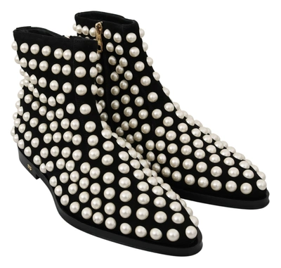 Shop Dolce & Gabbana Suede Ivory Studs Boots Women's Shoes In Black