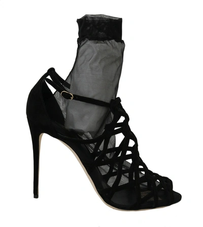 Shop Dolce & Gabbana Suede Tulle Ankle Boots Sandal Women's Shoes In Black