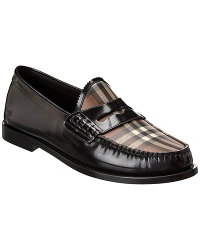 Shop Burberry Check Panel Leather Loafer In Black