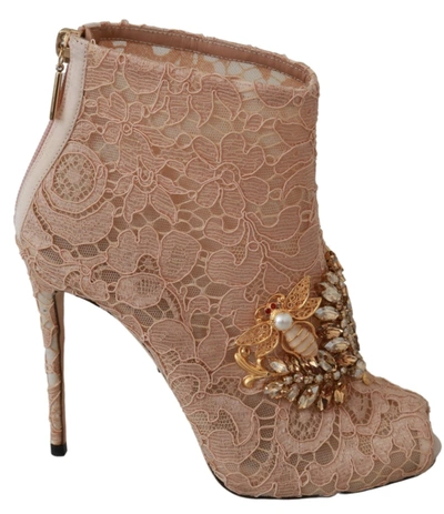 Shop Dolce & Gabbana Crystal Lace Booties Stilettos Women's Shoes In Pink