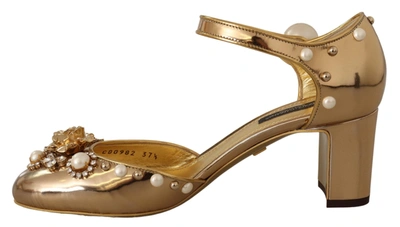 Shop Dolce & Gabbana Leather Studded Crystal Ankle Strap Women's Shoes In Gold