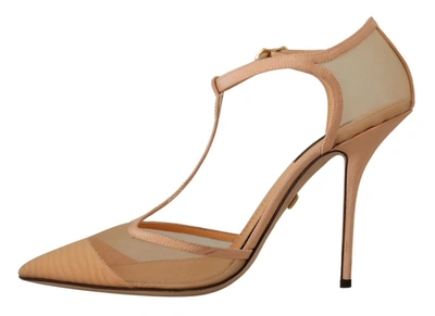 Shop Dolce & Gabbana Mesh T-strap Stiletto Heels Pumps Women's Shoes In Beige