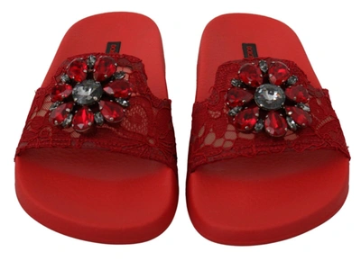 Shop Dolce & Gabbana Lace Crystal Sandals Slides Beach Women's Shoes In Red