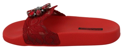 Shop Dolce & Gabbana Lace Crystal Sandals Slides Beach Women's Shoes In Red
