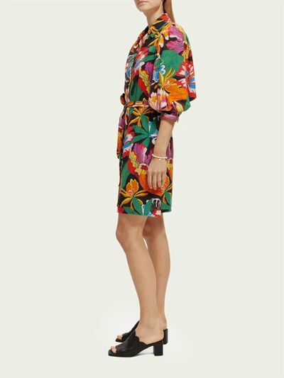 Scotch & Soda Floral Puff Sleeve Linen Blend Shirtdress In Multi