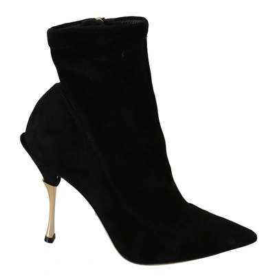 Shop Dolce & Gabbana Suede  Heels Ankle Boots Women's Shoes In Black