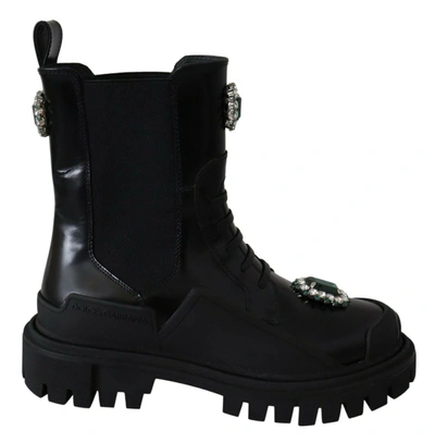 Shop Dolce & Gabbana Leather Crystal Combat Women's Boots In Black