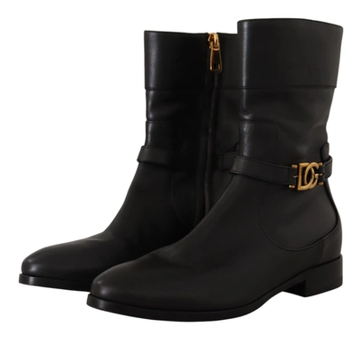 Shop Dolce & Gabbana Leather Flats Logo Short Boots Women's Shoes In Black