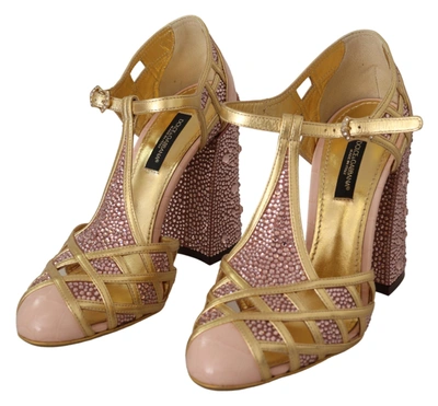 Shop Dolce & Gabbana Pink Leather Crystal Pumps T-strap Women's Shoes In Gold