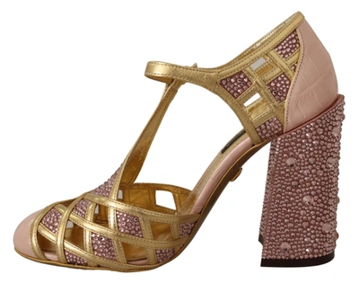 Shop Dolce & Gabbana Pink Leather Crystal Pumps T-strap Women's Shoes In Gold