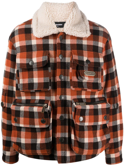 Shop Dsquared2 Check-print Shearling Jacket In Braun