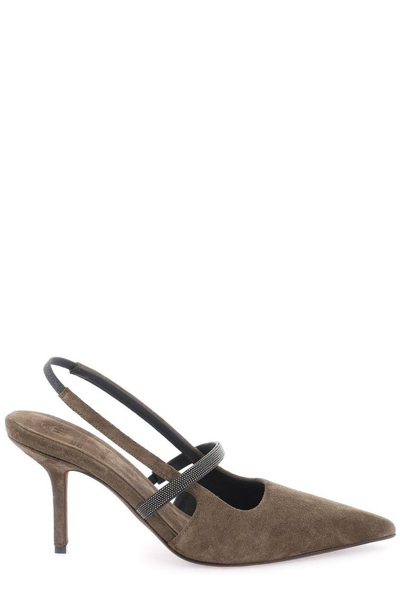 Shop Brunello Cucinelli Pointed Toe Slingback Pumps In Brown