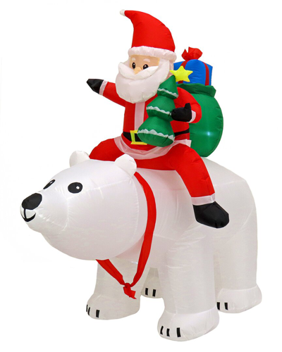 First Traditions 6' White Inflatable Blow Up Santa On Bear With 3 Warm White Led Lights In White