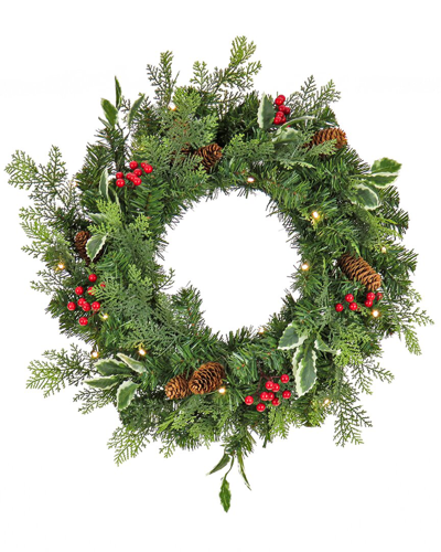 Shop First Traditions 24in Mixed Tip Wreath With Battery Operated Led Lights & Timer In Green