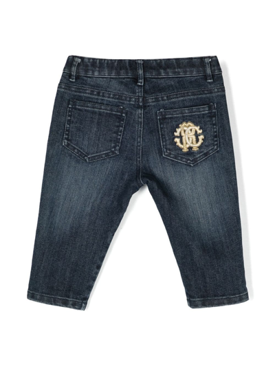 Roberto Cavalli Junior Embroidered-logo Denim Trousers In Blue