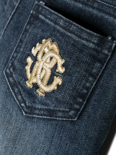 Roberto Cavalli Junior Embroidered-logo Denim Trousers In Blue