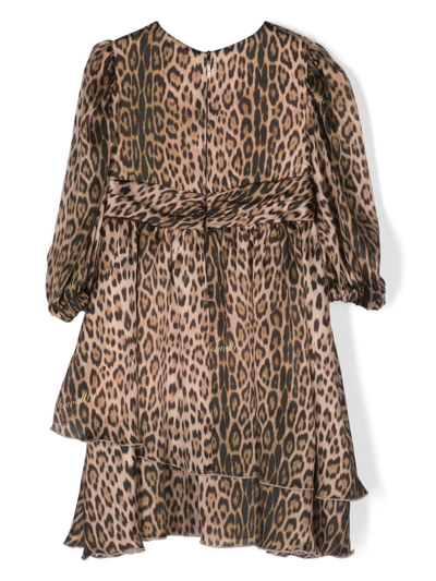 Shop Roberto Cavalli Junior Leopard-print Long-sleeve Silk Dress In Neutrals