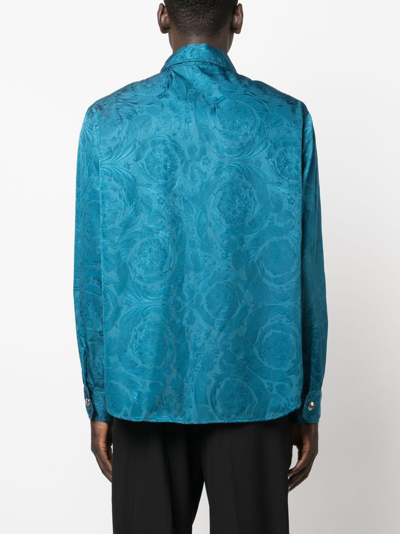 Shop Versace Barocco Silhouette Jacquard Overshirt In Blue