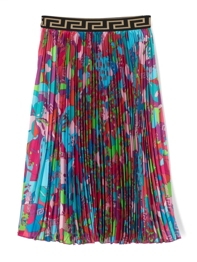 Shop Versace Floral-print Pleated Skirt In Blue