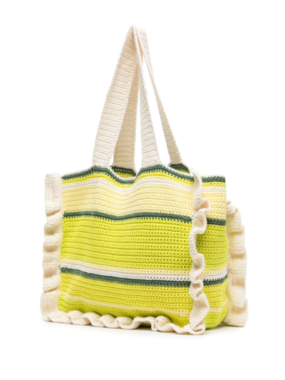 Shop Ganni Ruffle-detail Crochet Tote Bag In Green