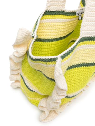 Shop Ganni Ruffle-detail Crochet Tote Bag In Green