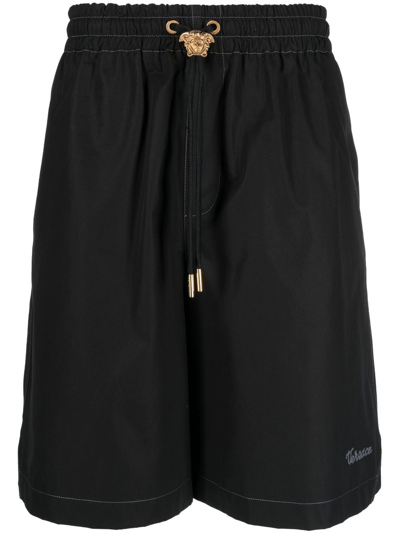 Shop Versace La Colonna Embroidered Track Shorts In Black