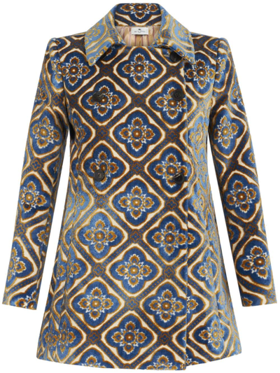 Shop Etro Floral-jacquard Double-breasted Coat In Blue