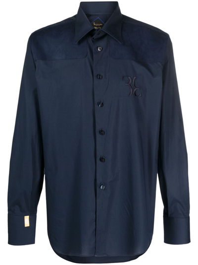 Shop Billionaire Suede-panel Cotton Shirt In Blue