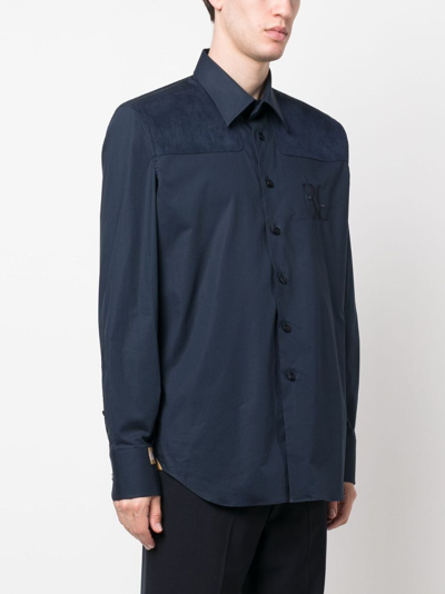 Shop Billionaire Suede-panel Cotton Shirt In Blue